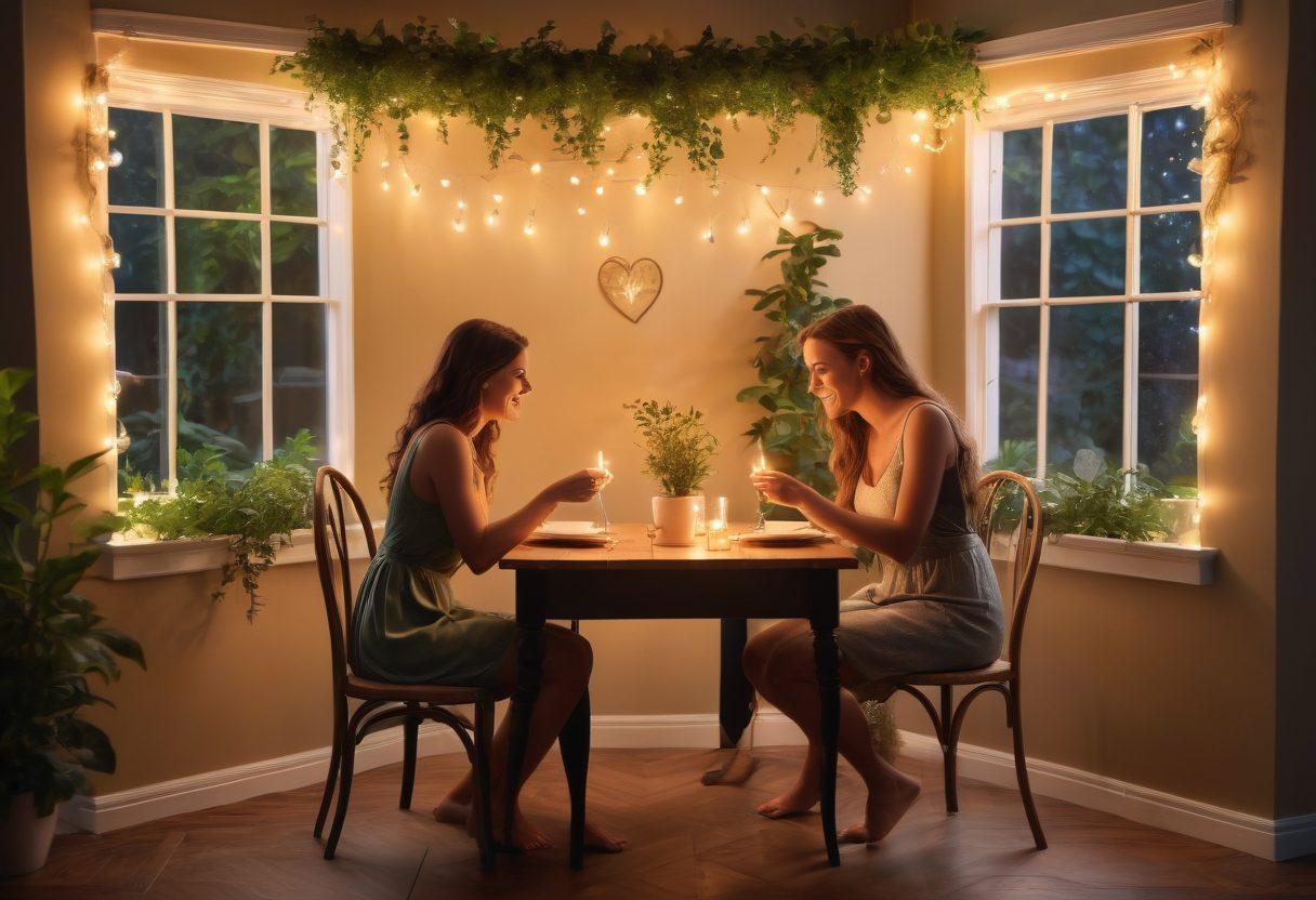 A romantic dinner setting with a candle-lit table for two, lush greenery in the background, and twinkling fairy lights above, conveying intimacy and connection. A couple sharing a laugh, with soft, warm lighting highlighting their joyous expressions. Subtle heart shapes incorporated into the decor. super-realistic. vibrant colors. cozy ambiance.
