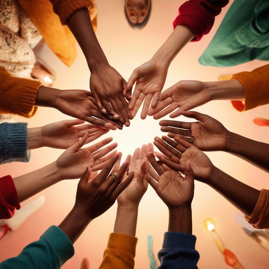 A warm, inviting scene of diverse people engaged in meaningful conversations, showcasing laughter and trust. Visual elements like hearts subtly integrated in the background and hands reaching out to connect, symbolizing unity. Soft, cozy lighting to evoke a sense of intimacy and warmth. A blend of diverse cultural representations to highlight inclusivity. vibrant colors. super-realistic.