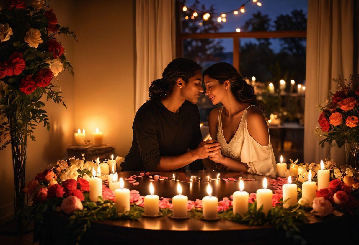 A warm, intimate setting featuring two people sharing a heartfelt moment, surrounded by soft candlelight and lush flowers. Include symbols of love like intertwined hands and a glowing heart shape in the background. The ambiance should evoke a sense of passion and deep connection. super-realistic. vibrant colors. romantic atmosphere.